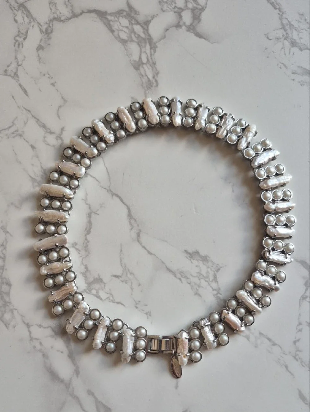 Vintage Ann Taylor White Pearl and Silver-Accent Bar Necklace - Women Jewelry